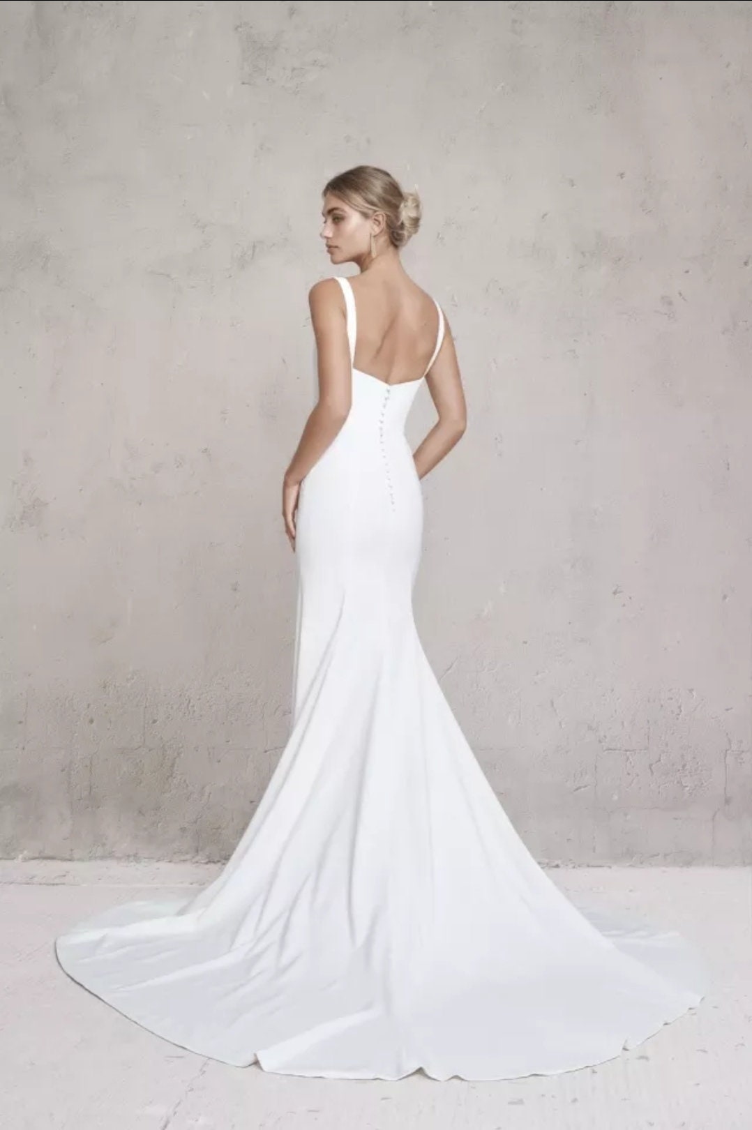 French Crepe Simple & Elegant Backless Mermaid Style Gown With Detached Sleeves