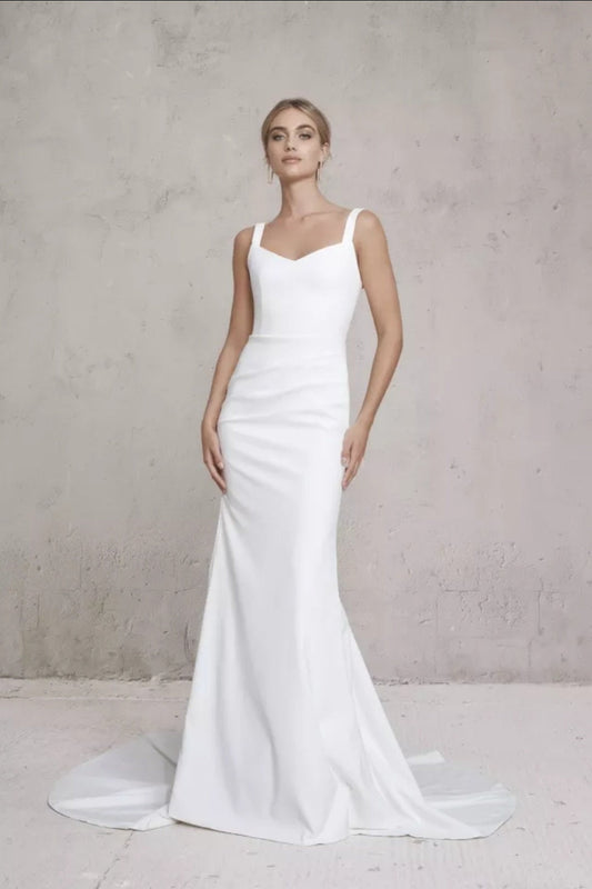 French Crepe Simple & Elegant Backless Mermaid Style Gown With Detached Sleeves