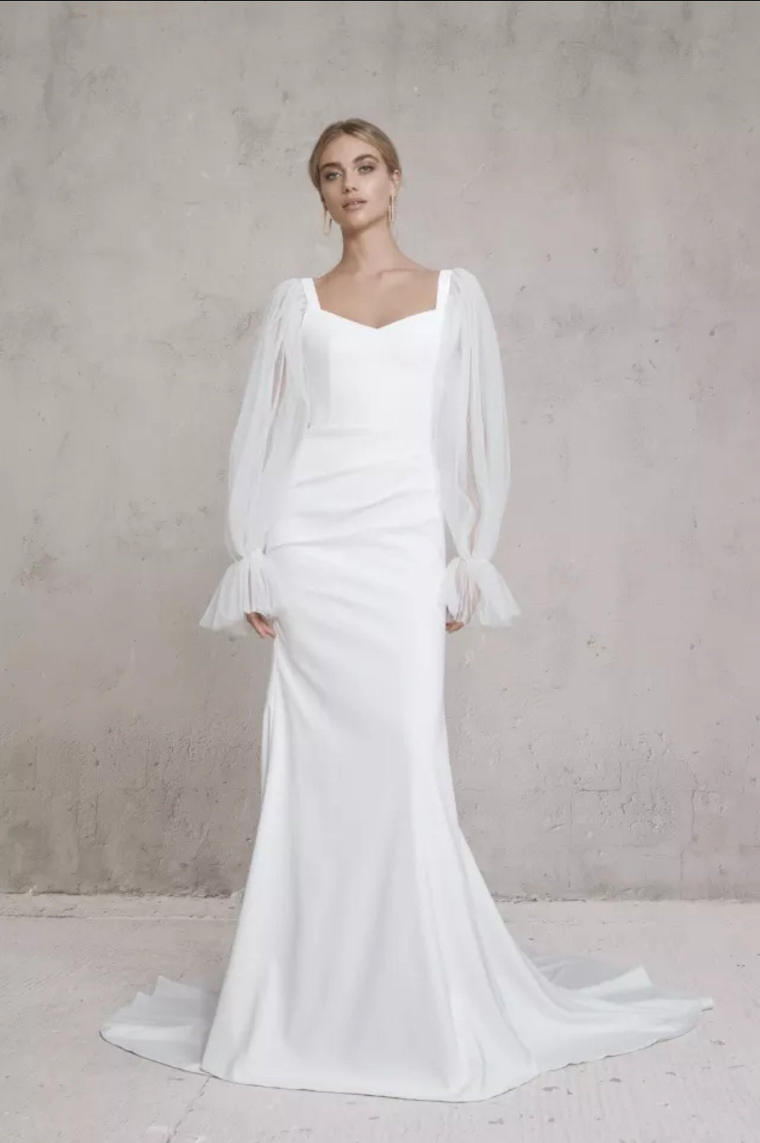 French Crepe Simple & Elegant Backless Mermaid Style Gown With Detached Sleeves