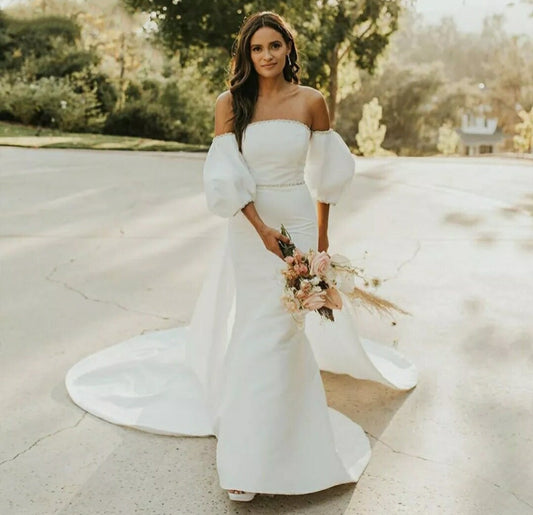 Beaded Trim Embellished Satin Gown With Detachable Train/Detached Puff Sleeves