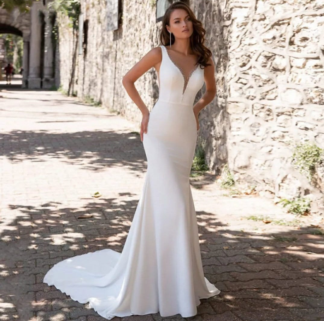 Deep V Neck Beaded Embellished Trumpet Gown With Sweep Train