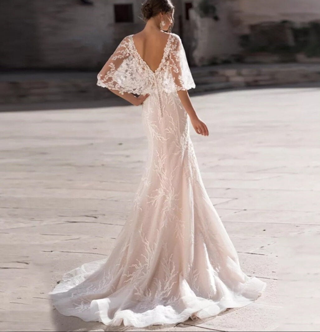 Backless Deep V Lace Floral & Vine Dress With Batwing Sleeves WenLeeBridal Backless Deep V Lace Floral & Vine Dress With Batwing Sleeves WenLeeBridal