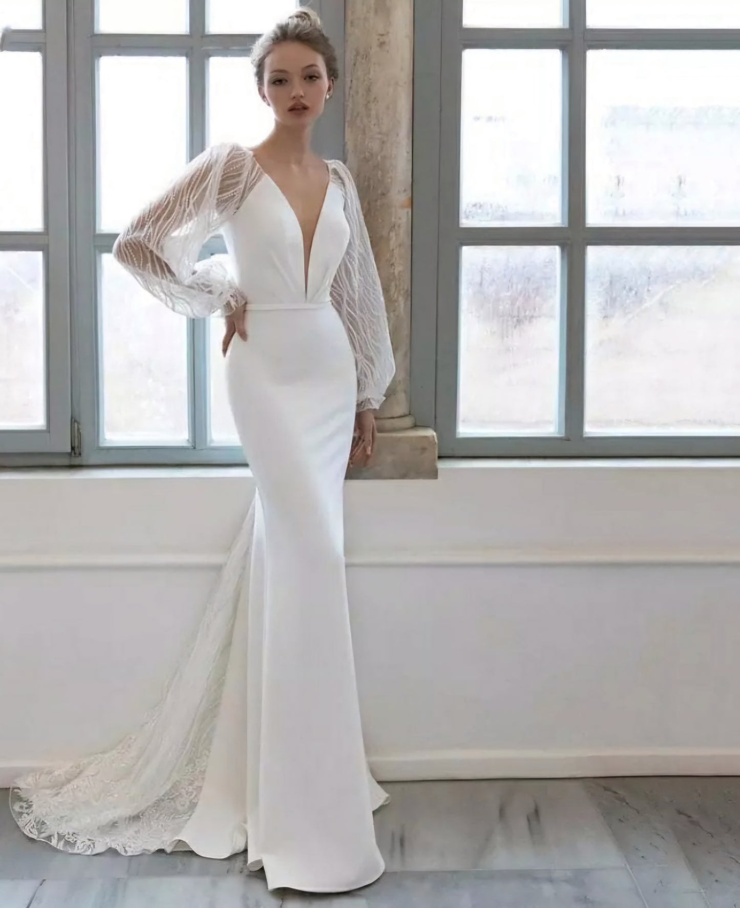 Satin Deep V Neck Illusion Gown With Sheer Sequin Full Sleeves