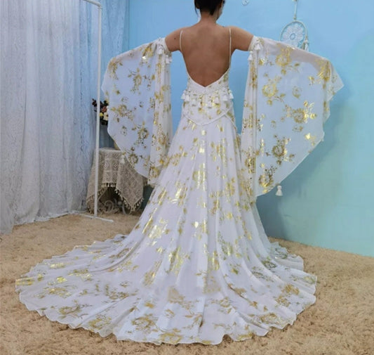 Chiffon & Satin Golden Floral Boho Tassel Dress