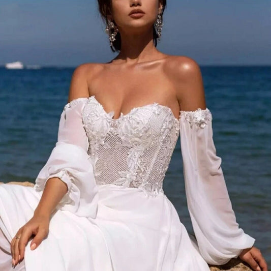 Detached Floral Appliqué Laced Trim Chiffon Full Sleeves