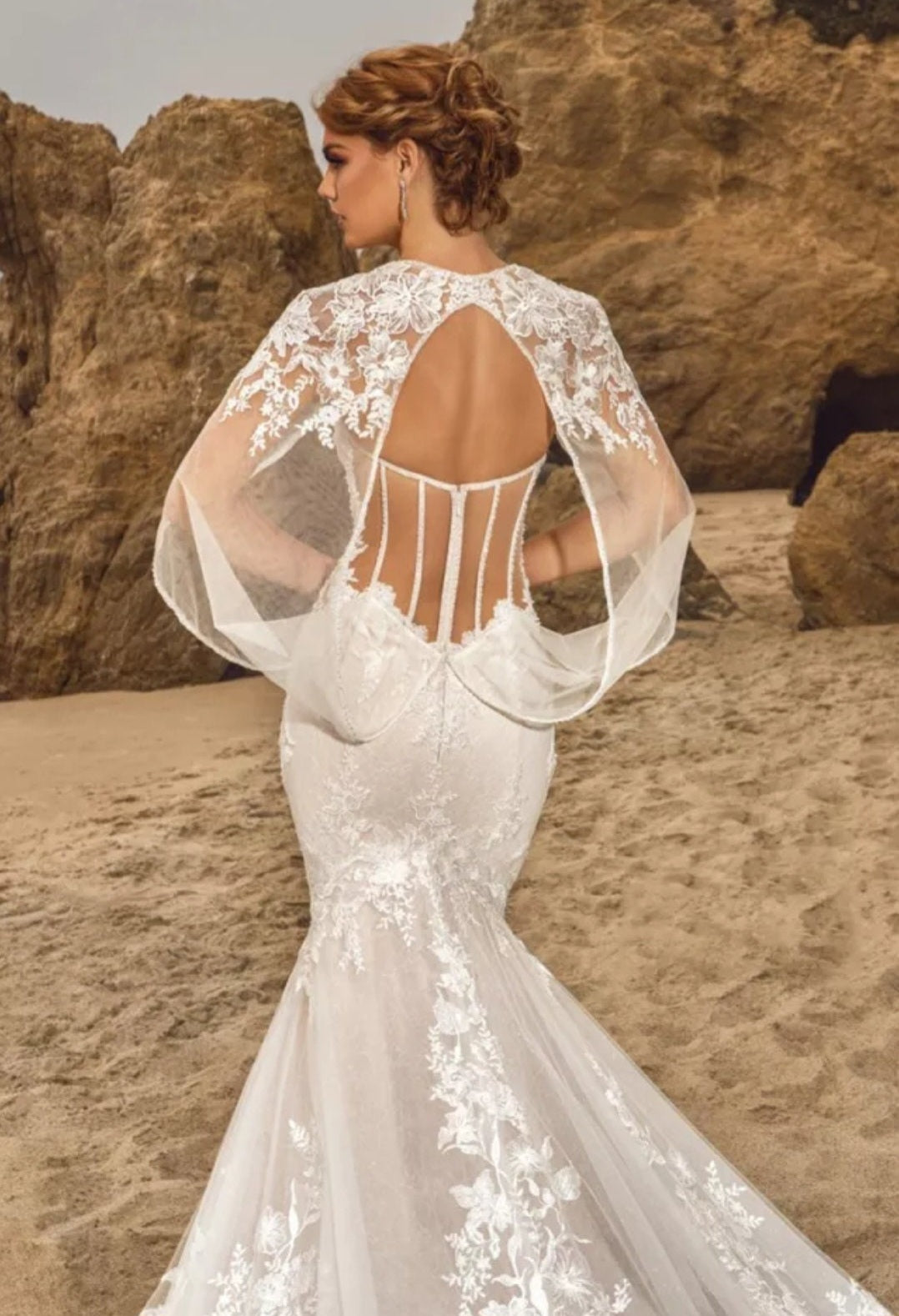 Embroidered Organza & Tulle Wedding Gown With Detachable Draped Bolero