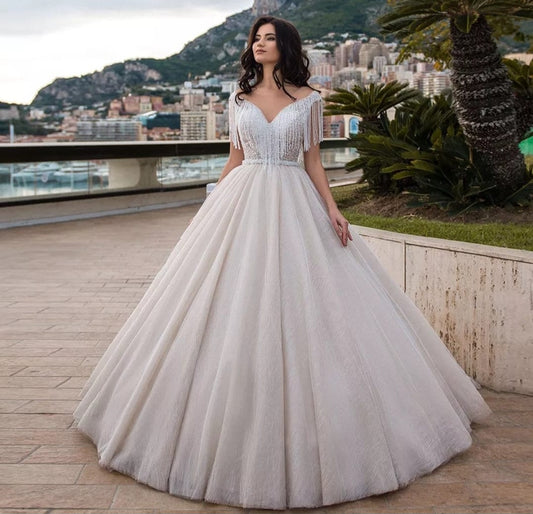 Beaded Tassels & Pearls Cap Sleeve Princess Ball Gown