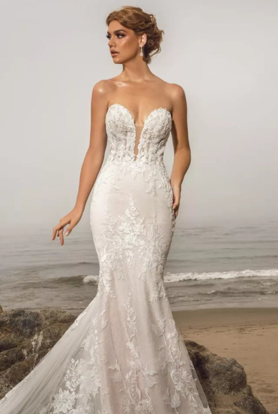 Embroidered Organza & Tulle Wedding Gown With Detachable Draped Bolero
