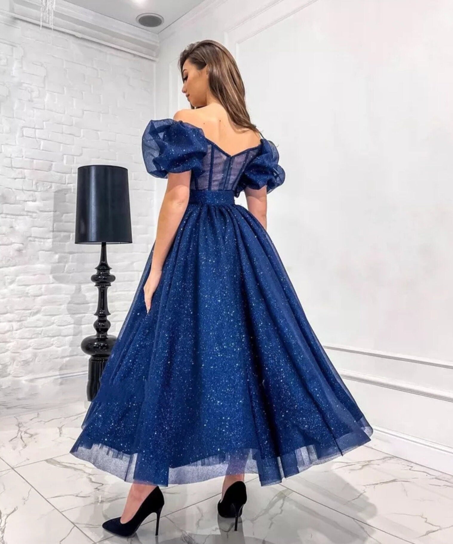 glitter puff dress Glitter Puff Sleeve Slit Gown by GLS Gloria GL3118 XL / Baby Blue