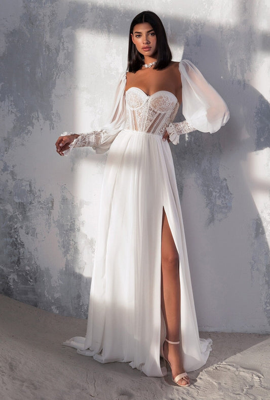 Delicate Chiffon & Lace Wrist Corset Ceremonial Bridal Gown