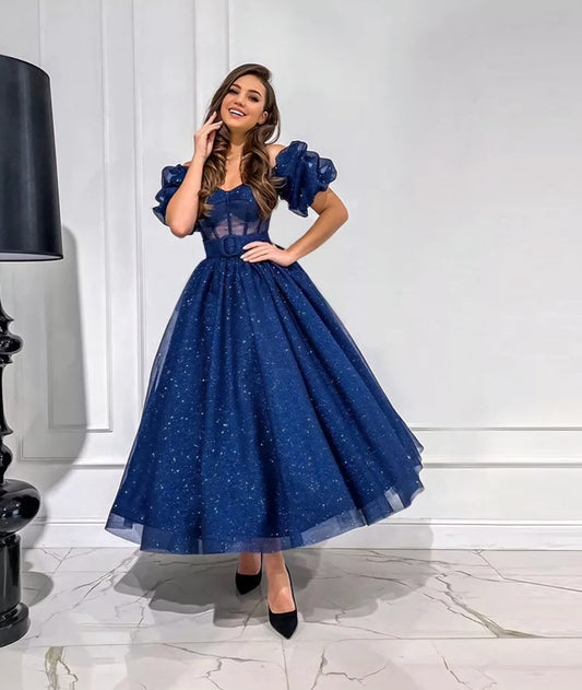 Glitter Midi Off The Shoulder Short Puff Sleeve Dress