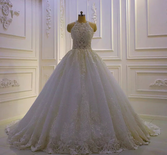 Floral Halter Neck And Lace Appliqué Unique Back Design A-Line Gown