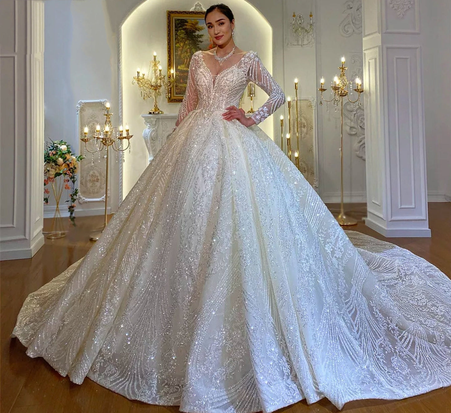 Full Sleeve Gorgeous Beaded Sparkle Princess Ball Gown