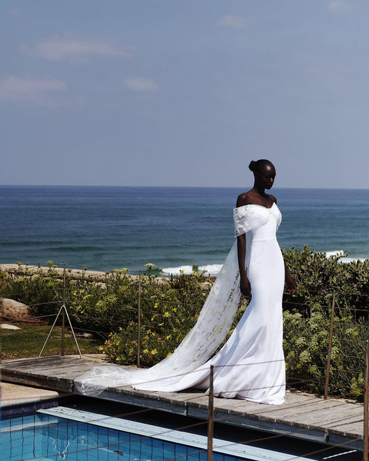 Elegant But Simple Off The Shoulder Floral Tulle Bow Covered Trumpet Gown