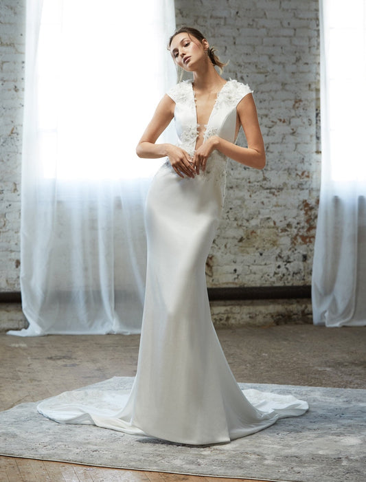 Deep V Floral & Beaded Embellished Trumpet Gown
