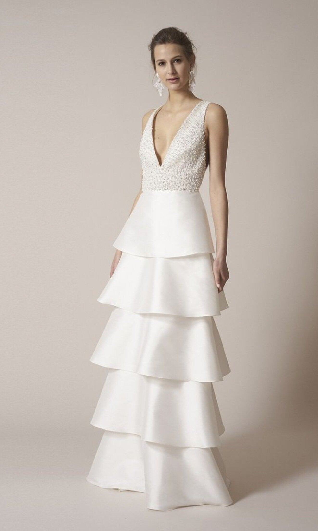 Sleeveless Deep V Beaded Satin Tiered Ruffle Dress