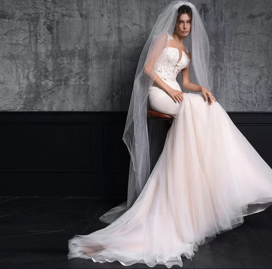 Illusion Deep V Floral Neckline With Tulle Trumpet Hem
