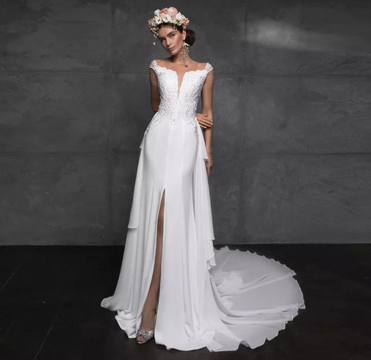 Cap Sleeve Beaded Appliqué Trumpet Gown With Removeable Train