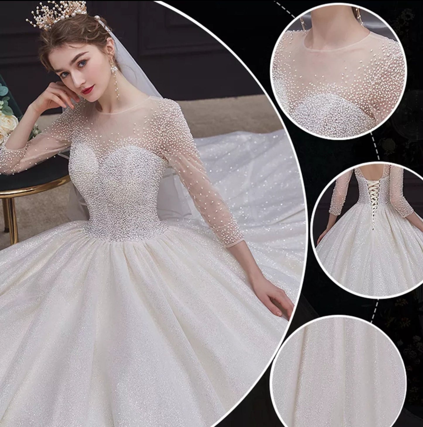 Full Beaded Shimmer & Glitter Lace Up Back Princess Ball Gown With Chapel Train