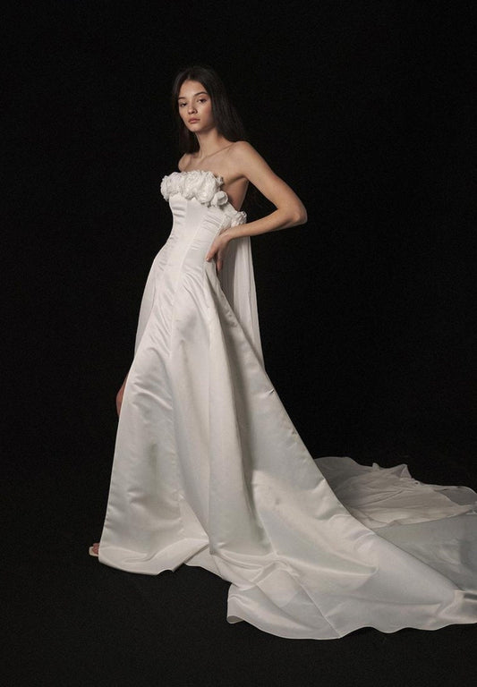 Strapless Mikado Satin Floral Boat Neckline Dress