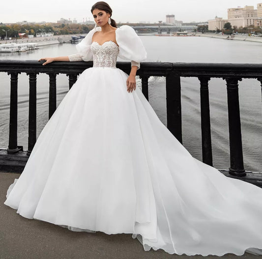 Floral Beaded Sweetheart 3/4 Sleeve Princess Wedding Ball Gown