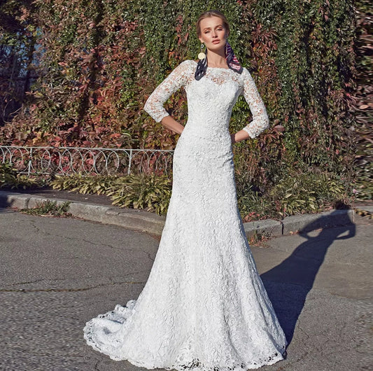 Floral & Lace 3/4 Sleeve Lace Up Bridal Trumpet Gown