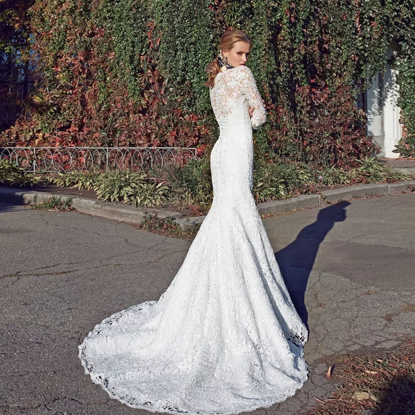 Floral & Lace 3/4 Sleeve Lace Up Bridal Trumpet Gown