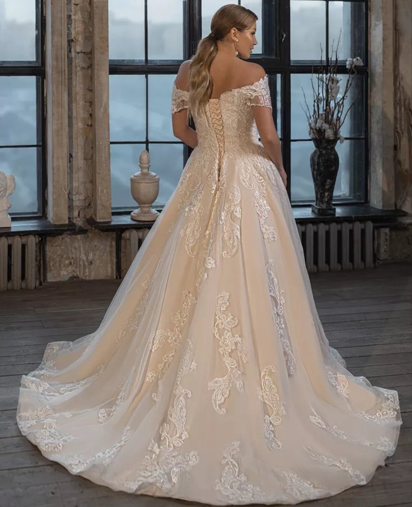 Off The Shoulder Tassle Cap Sleeve Sweetheart Bridal Gown