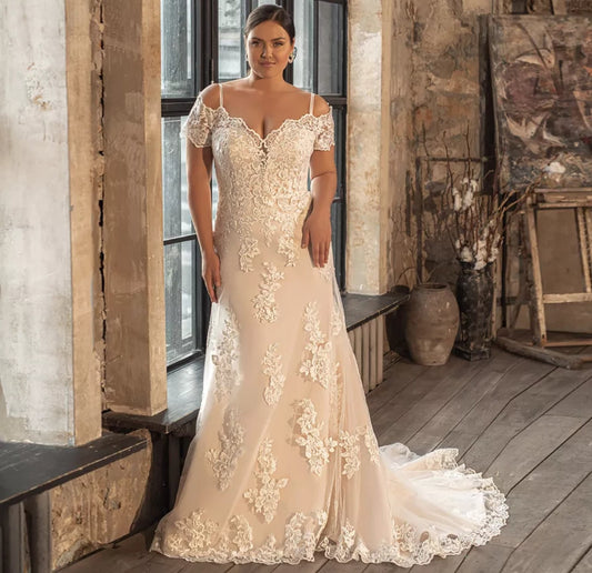 Spaghetti Strap Floral Lace Off The Shoulder Bridal Gown