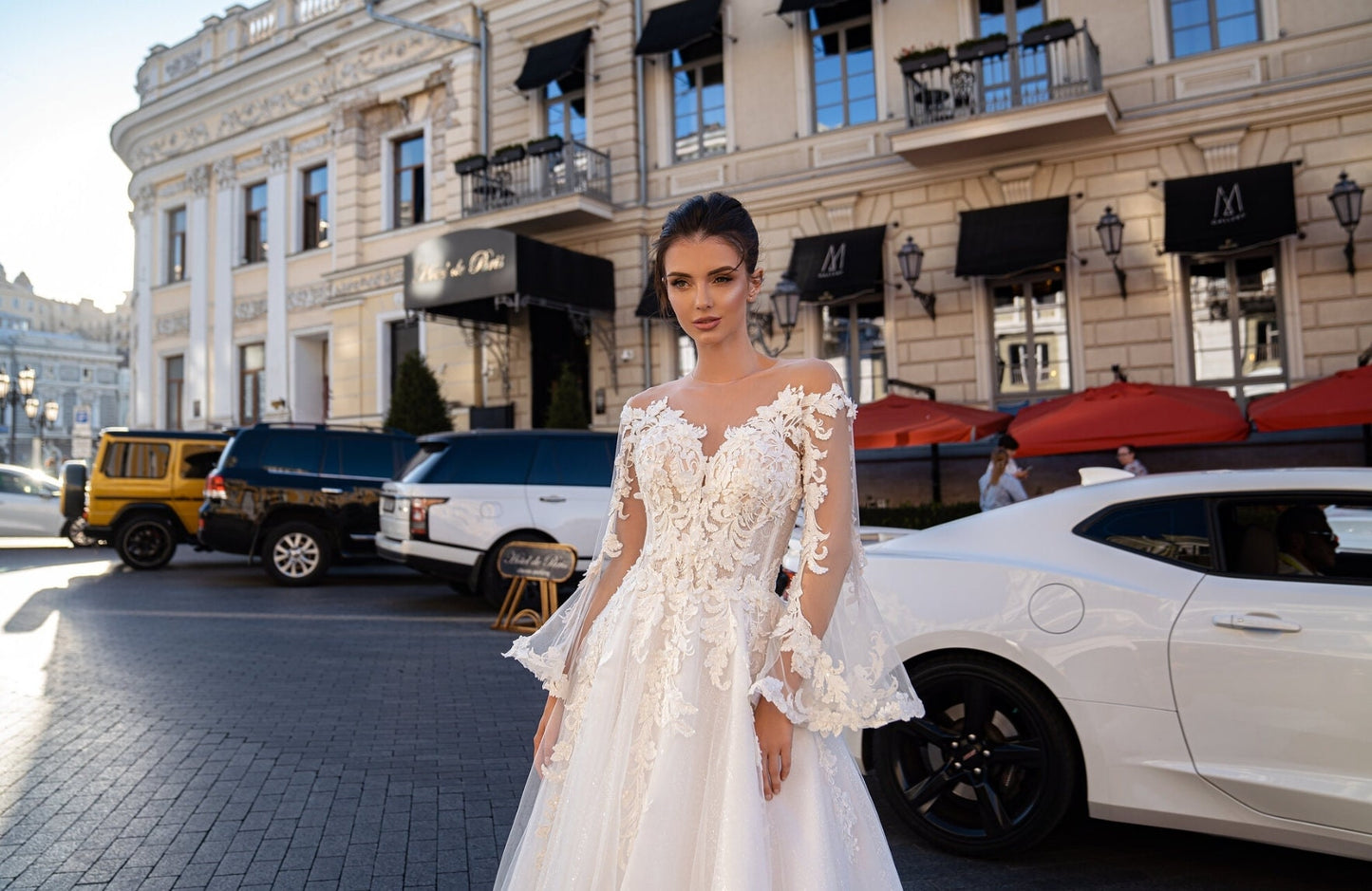 Illusion Button Up Appliqué Floral Lace Vine Bodice & Mid Gown With Attached Tulle Lace Flare Sleeves