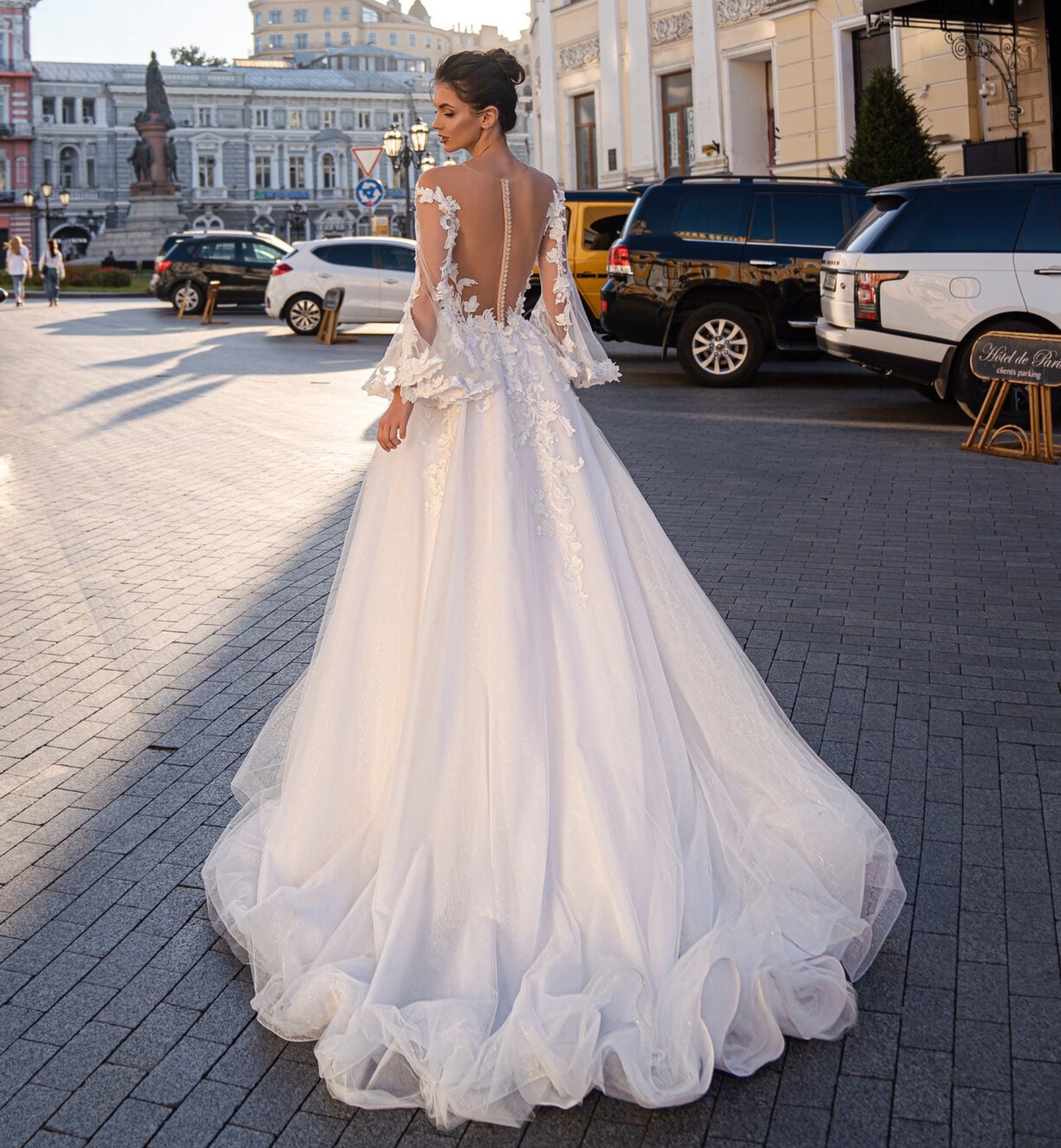 Illusion Button Up Appliqué Floral Lace Vine Bodice & Mid Gown With Attached Tulle Lace Flare Sleeves