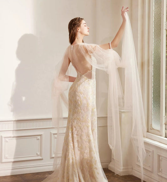 Detached Floor Length Translucent Tulle & Pearl Beaded Elbow Ring Sleeves