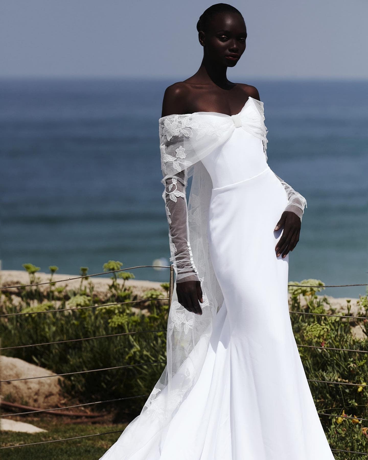 Elegant But Simple Off The Shoulder Floral Tulle Bow Covered Trumpet Gown