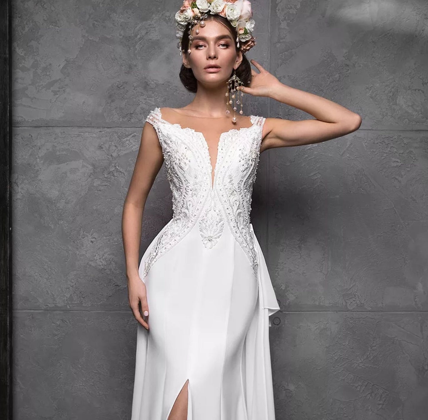 Cap Sleeve Beaded Appliqué Trumpet Gown With Removeable Train