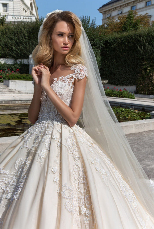 Cap Sleeve Embroidered Pearls & Lace Exquisite Gown