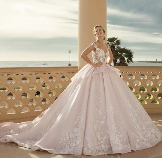 Floral Elegant Illusion Tiered Ruffle Waist Bridal Ball Gown