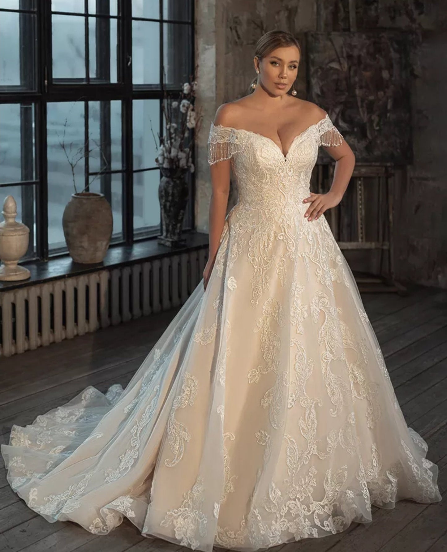 Off The Shoulder Tassle Cap Sleeve Sweetheart Bridal Gown