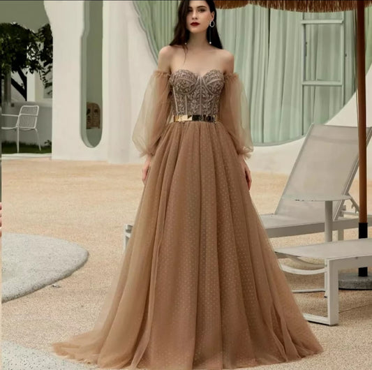 Strapless Dotted Tulle Appliqués & Beading Sweetheart Floral Dress With Detached Sleeves