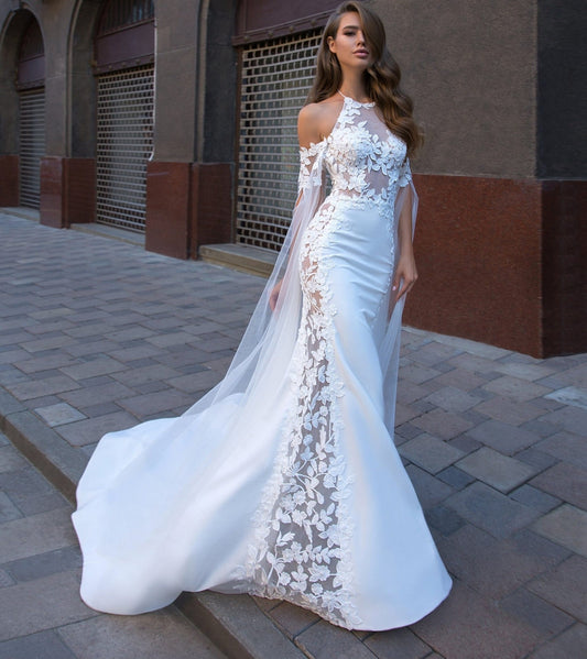 Halter Neck Floral Appliqué Sexy Illusion Trumpet Bridal Gown