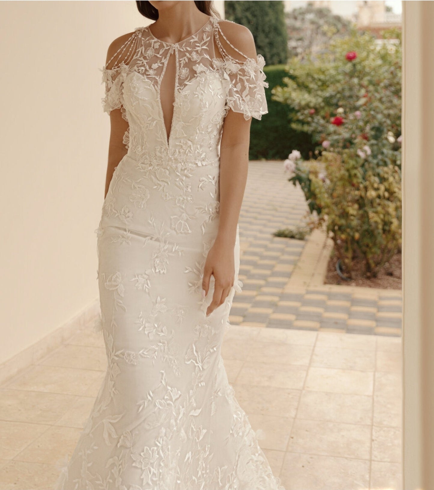 Floral Off The Shoulder Draped Beaded Keyhole Neckline Trumpet Gown