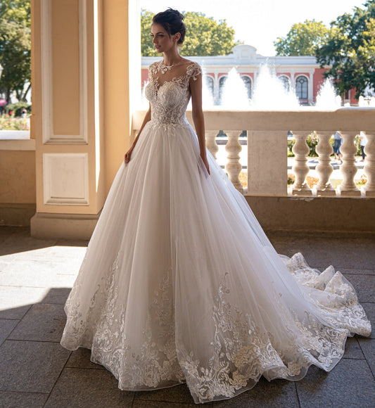 Sheer Illusion Lace Neck & Bodice Glitter Tulle Gown With Floral Hem