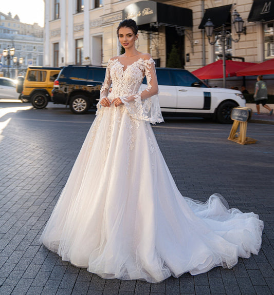 Illusion Button Up Appliqué Floral Lace Vine Bodice & Mid Gown With Attached Tulle Lace Flare Sleeves