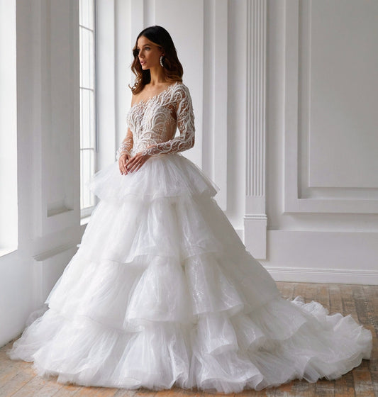 Gorgeous Princess Illusion One Shoulder Vine Lace Sequin Bodice and Layered Glitter Tulle Wedding Ball Gown