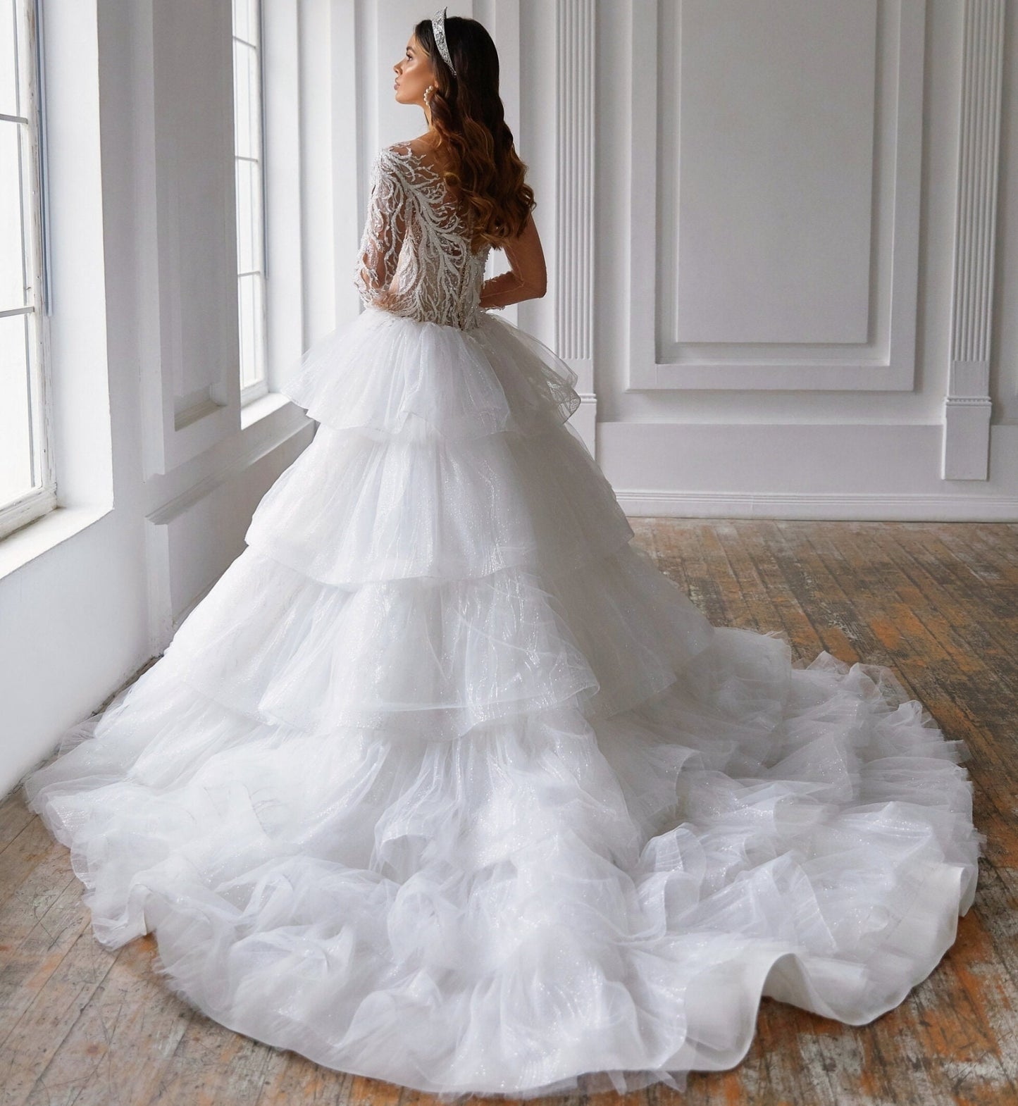 Gorgeous Princess Illusion One Shoulder Vine Lace Sequin Bodice and Layered Glitter Tulle Wedding Ball Gown