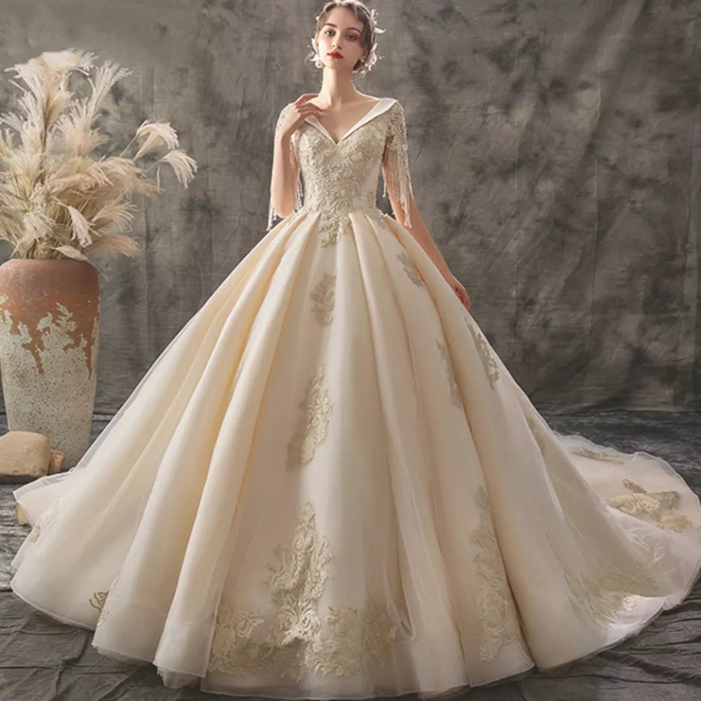 Princess V Neck Applique Beaded Wedding Ball Gown