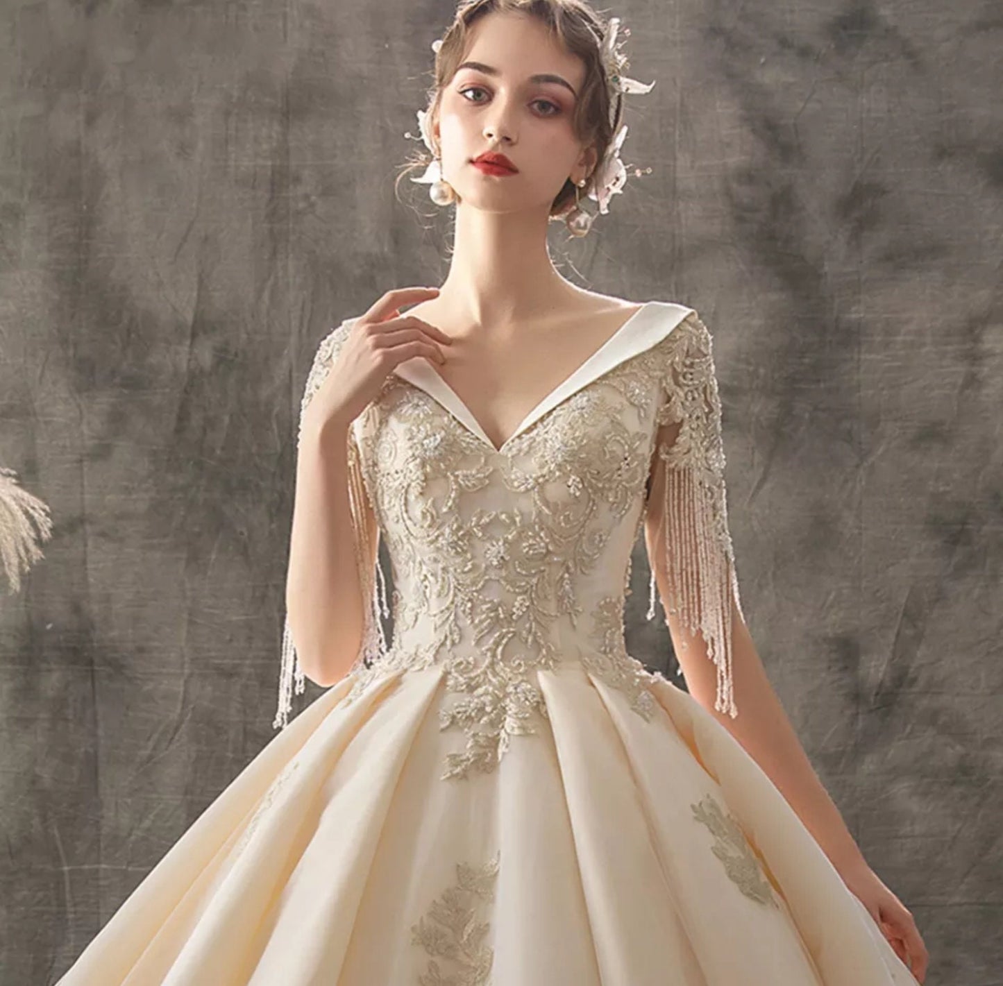 Princess V Neck Applique Beaded Wedding Ball Gown