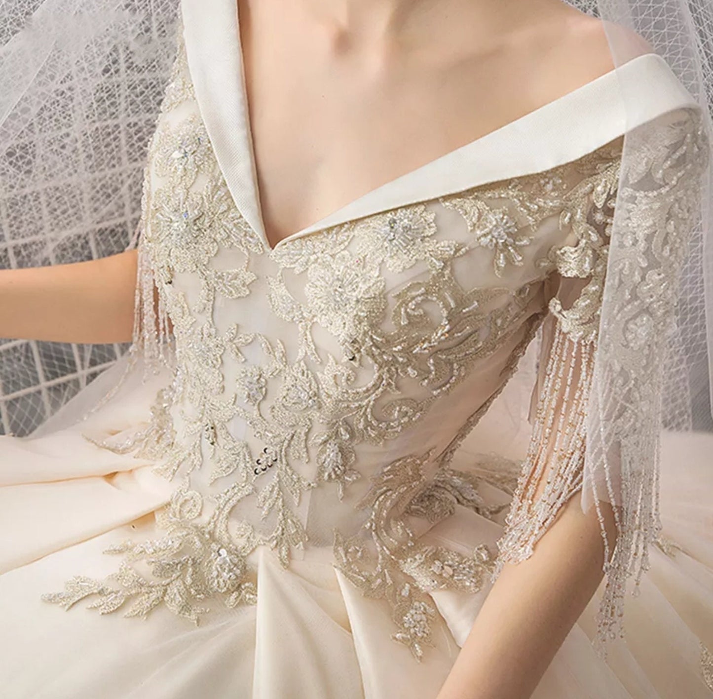 Princess V Neck Applique Beaded Wedding Ball Gown
