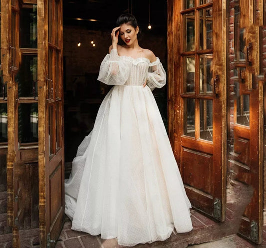 Polka Dot Tulle Ruffled Bohemian Off The Shoulder Puff Sleeve Gown