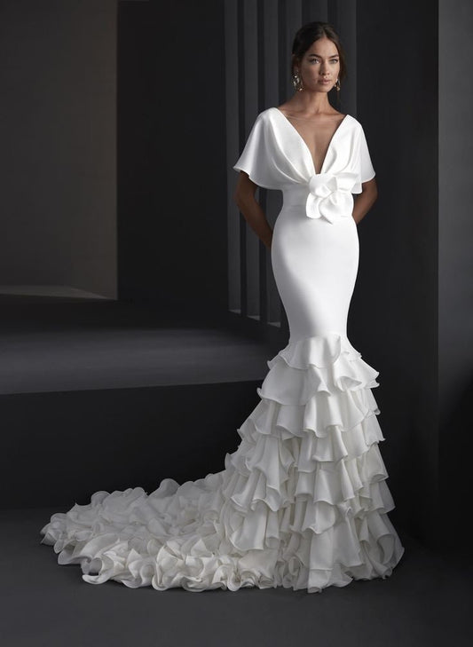 Draped Sleeve Illusion V Neck Floral Detail Waist Mermaid Gown With Elegant Tiered Ruffle Hem