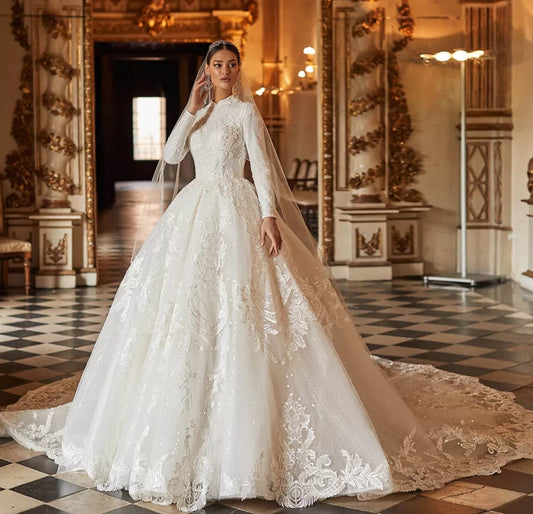 Modest & Fancy Beaded Appliqués Long Sleeve Gown